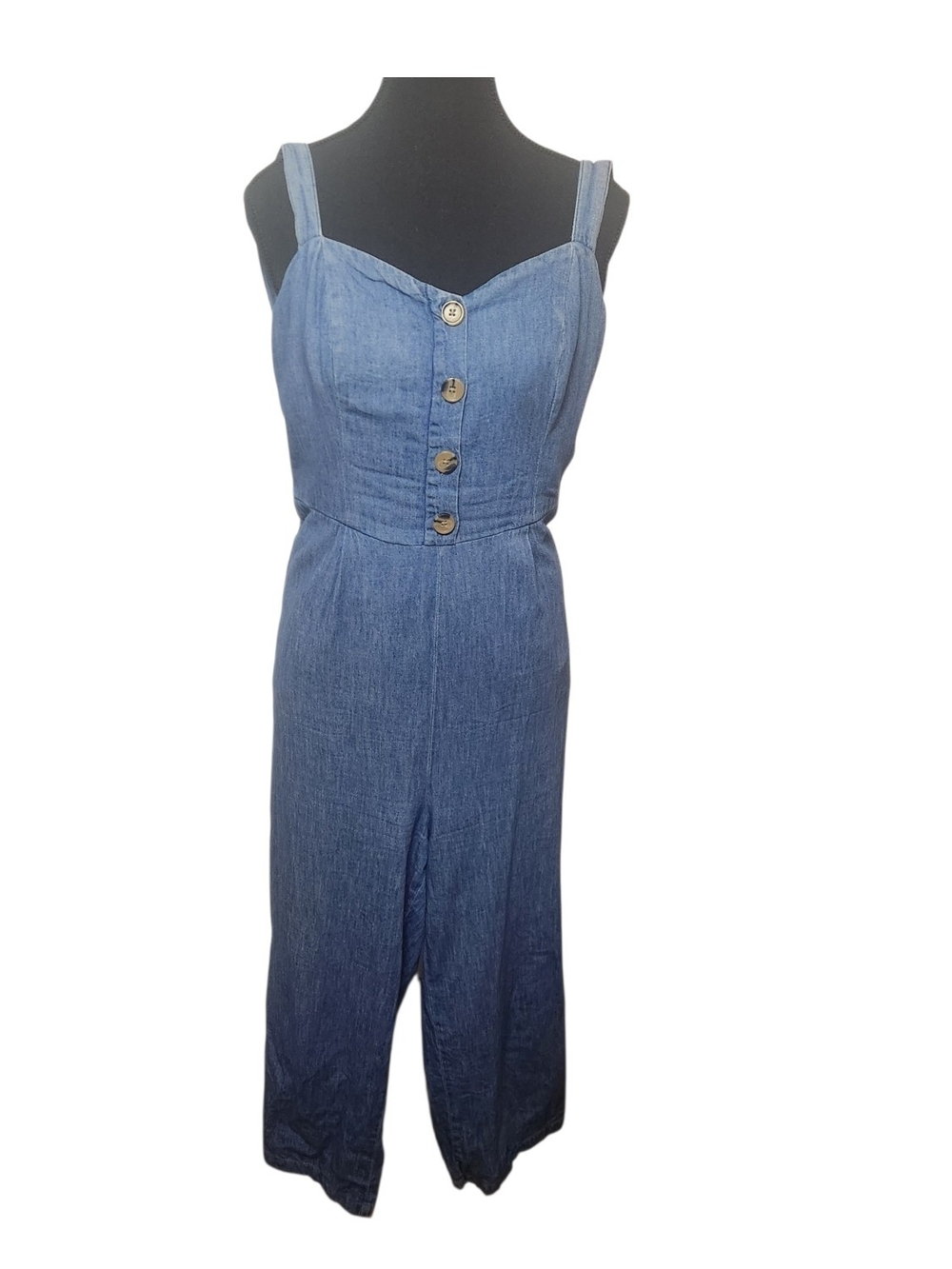 Denim Button-Front Wide Leg Jumpsuit - Blue